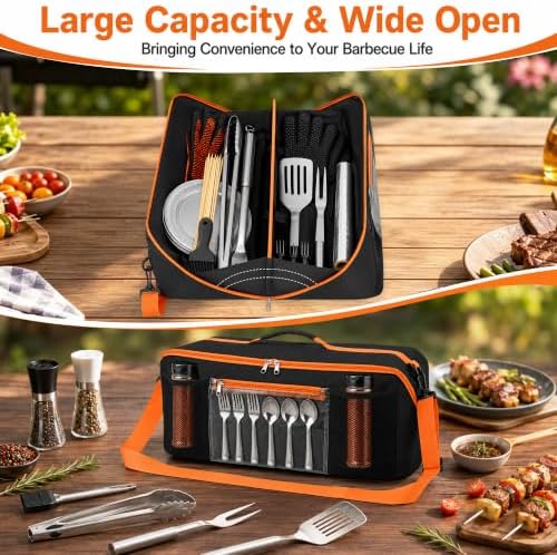 Grill Tool Storage Bag, 22” BBQ Tool Storage Bag, Grill Utensil Storage Caddy with Dual Inner Compartments, Wide-Open Outdoor Grill Accessories Bag for Camping Picnic Trip - Image 2