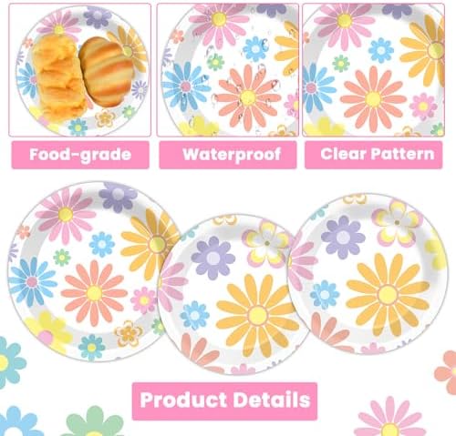 96PCS Boho Pastel Party Paper Plates and Napkins for Groovy Daisy Retro Boho Party Dessert Cake Plates Disposable Tableware Supplies for Baby Shower Birthday Wedding Seasonal Holiday Decorations - Image 3