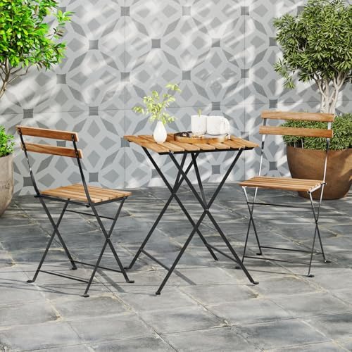 GIANTEX 3-Piece Acacia Wood Bistro Set, Patio Bistro Table with 2 Folding Chairs, Slatted Seat & Tabletop, Metal Frame, Outdoor Furniture Set for Backyard, Porch, Garden, Poolside (Black + Brown) - Image 2