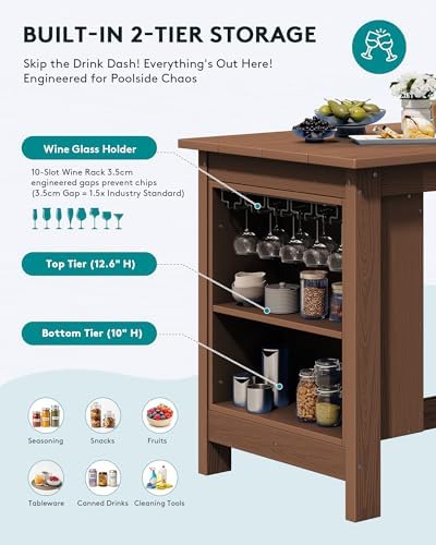 SERWALL 5-Piece Outdoor HDPE Counter-Height Bar Set with 4 Stools, Brown - Image 6