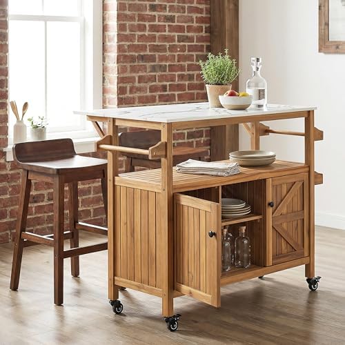 Merax Outdoor Acacia Wood Bar Cart, Natural Finish with Marble-Effect Top - Image 3