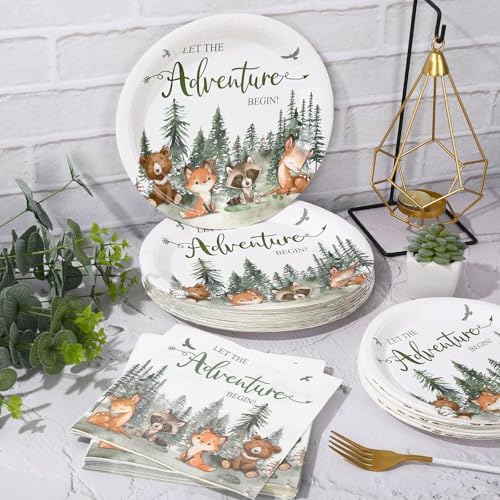 Whaline 72Pcs Let The Adventure Begin Party Supplies Woodland Forest Animal Disposable Tableware Set Paper Plates Napkins for Baby Shower Neutral Adventure Birthday, Serves 24 - Image 5