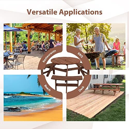 35.43'' Round Outdoor Dining Table Wooden Patio Dining Table & 3 Curved Built-in Bench for 6, 2" Umbrella Hole, Suitable for Backyard Garden Porch, Brown - Image 5