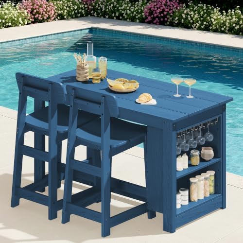 SERWALL 3-Piece Outdoor HDPE Counter-Height Bar Set with 2 Stools, Blue by SERWALL