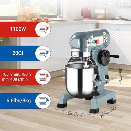 Commercial Food Mixer 20QT, Commercial Mixer with 3 Adjustable Speeds, Dough Mixer Timing Function, Commercial Stand Mixer with Stainless Steel Bowl for Schools Bakeries Pizzerias - Image 6