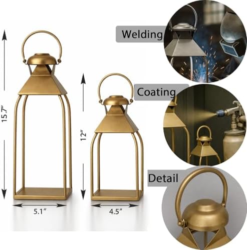 Decorative Metal Lanterns Indoor Outdoor, Candle Holder for Porch, Patio, Fireplace, Floor, Wedding, Christmas, Fall, Holiday, Farmhouse Table Centerpiece (Antique Gold, Set of 2 15.7" 12") - Image 6