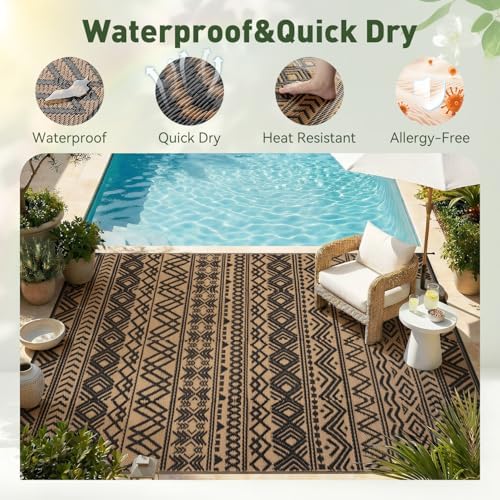 MontVoo Outdoor Rug 8x10 Waterproof Outdoor Patio Rug Mat Reverisble Plastic Straw Outdoor Rug for RV Camping Picnic Beach Balcony Boho Black Brown - Image 4