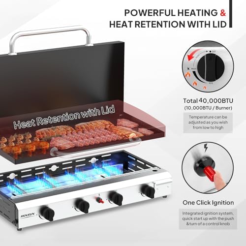 ROVSUN 4 Burner Portable Propane Griddle with Electronic Ignition, 40000 BTU Rolling Flat Top Gas Grill with Enameled Tray & Lid, Side Shelves & Regulator for Outdoor Cooking Camping BBQ Tailgating - Image 2