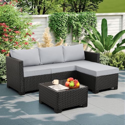Rattaner 3 Pieces Patio Furniture Set Outdoor Sectional Wicker Patio Furniture Patio Couch with Ottoman and Outdoor Table All-Weather Anti-Slip Cushions Waterproof Covers, Light Grey by Rattaner