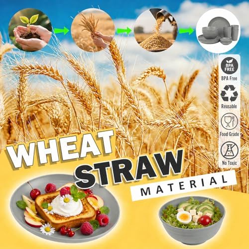 Kids Wheat Straw Dinnerware Sets for 4, 16 Piece Unbreakable Dinnerware Set, Kids Plates and Bowls Sets, Kitchen Plates and Bowls Set, Lightweight Dish Set for Party, Camping，RV - Grey - Image 6