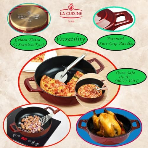 La Cuisine Enameled Cast Iron Braiser Sauté Pan Shallow Dutch Oven with Golden Knob for Lid Internal Matt Black Enamel 3.75 QT 11" / 28cm Ø Oven-Safe 550°F/276°C, Cranberry - Image 2