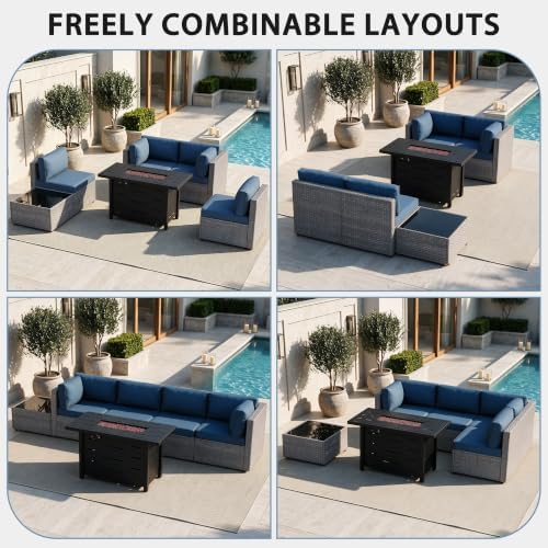 Shintenchi 6 Piece Outdoor Patio Furniture Set with 43 Inch Propane Fire Pit, Washable Cushions, Glass Coffee Table, Waterproof Cover & CSA Certified for Backyard Poolside, Silver PE Rattan/Navy Blue - Image 3