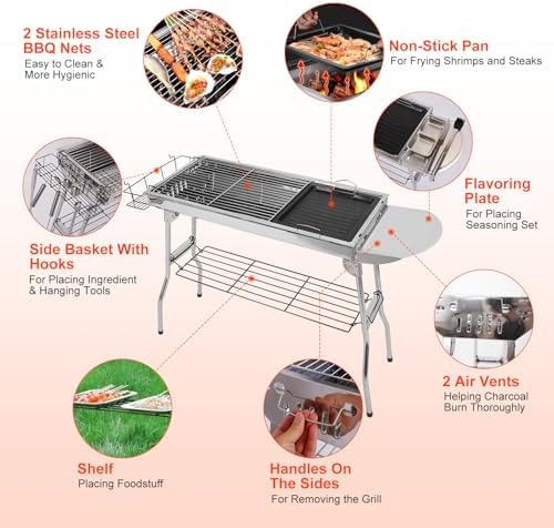 Charcoal Grills,Stainless Steel Folding Portable BBQ Grill Large Charcoal Grill for Garden Backyard Party Picnic Travel Outdoor Cooking Use With Non-Stick Frying Pan - Image 5