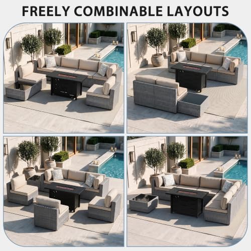 Shintenchi 8 Piece Outdoor Patio Furniture Set with 43 Inch Propane Fire Pit, Washable Cushions, Glass Coffee Table, Waterproof Cover & CSA Certified for Backyard Poolside, Silver PE Rattan/Khaki - Image 3