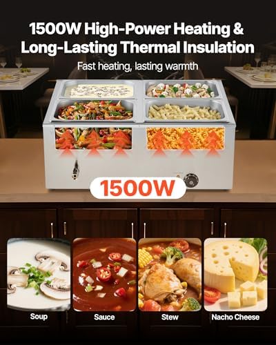 VEVOR Commercial Food Warmer, 1500W Electric Stainless Steel Steam Food Warmer with Lid, 4-Pan Fast Heating Countertop Buffet Bain Marie with Soup & Perforated Ladles, for Catering, Restaurant, Party - Image 2