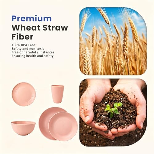 Homienly Unbreakable 40 PCS Wheat Straw Dinnerware Sets Service for 8 Pink - Image 3