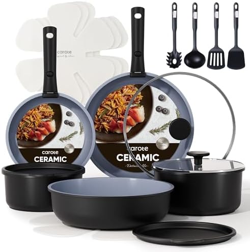 CAROTE 19pcs Ceramic Cookware Set Detachable Handle,Pots and Pans Non Stick by CAROTE