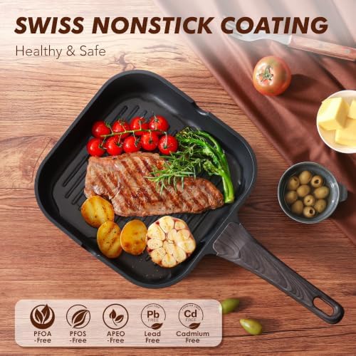 SENSARTE Nonstick Grill Pan for Stove Tops, Versatile Griddle Pan with Pour Spouts, Square Grill Pan for Big Cooking Surface, Durable Grill Skillet for Indoor & Outdoor Grilling. PFOA Free, 11 Inch - Image 2