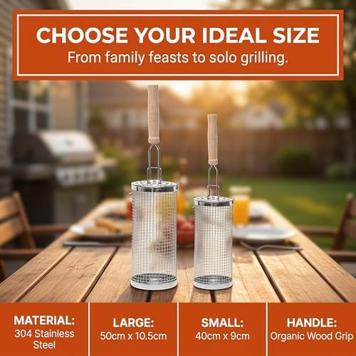 Rolling Grill Baskets, Removable Wooden Handle, Nesting BBQ Tools - Image 5