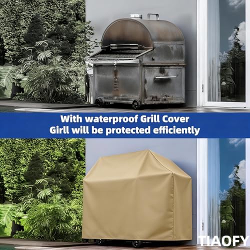 BBQ Gas Grill Cover for Outdoor, Anti-UV, Rip-Proof, 600D Oxford Fade Resistant Material, Barbecue Cover with Hook and Loop Straps & Adjustable Hem Drawstring (Beige, 65”x24”x44”) - Image 6