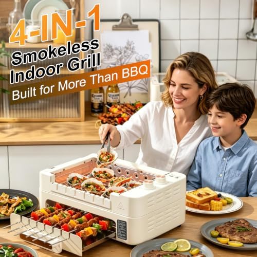 Electric Indoor Grill Smokeless BBQ grill Cooker for BBQ Party 1000W 20-Skewer Capacity,4-in-1 Nonstick Removable Grill Plate with Lid and Auto-Rotating Kabob Skewers adjustable Temperature - Image 2