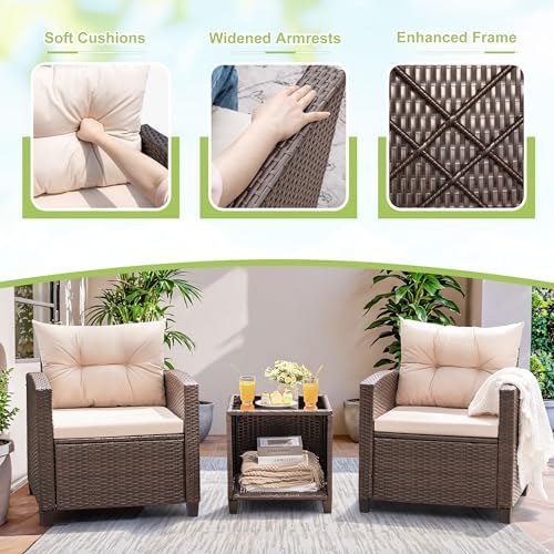Devoko 3 Pieces Patio Furniture Set Outdoor Wicker Chairs and Table, Beige - Image 4