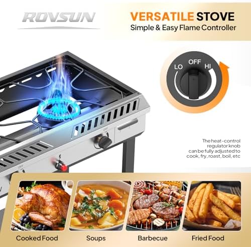 ROVSUN 2 Burner Propane Stove with Auto Ignition, 150,000 BTU Gas Stove with Storage Shelf, Rolling Wheels & Regulator for Home Outdoor Backyard Camping Cooking Frying Brewing Canning - Image 5