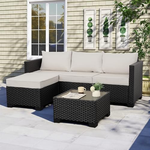 Rattaner Outdoor Furniture Set 3 Pieces Wicker Patio Furniture Outdoor Sectional Patio Couch Outdoor Coffee Table All-Weather Non-Slip Cushions Waterproof Covers, Khaki - Image 3