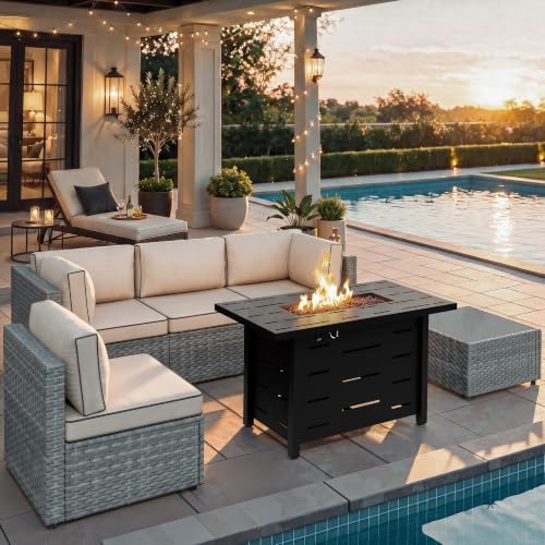 Shintenchi 6 Piece Outdoor Patio Furniture Set with 43 Inch Propane Fire Pit, Washable Cushions, Glass Coffee Table, Waterproof Cover & CSA Certified for Backyard Poolside, Silver PE Rattan/Khaki by Shintenchi%7CFurnitureMadeforRealLife