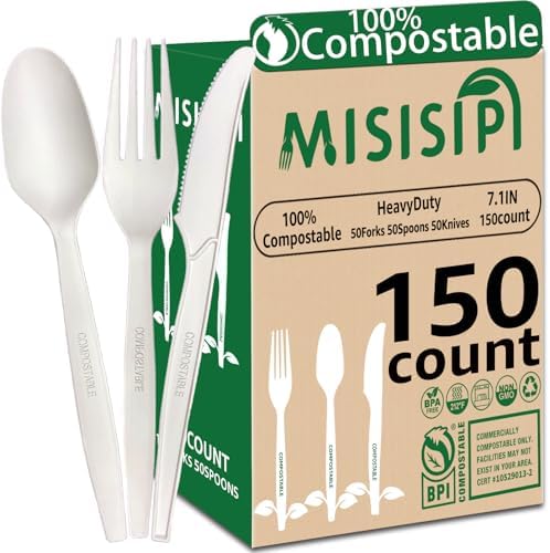 MISISIPI 150-Count Compostable Utensils Set - Heavy Duty BPI Certified, Plastic-Free Disposable Forks, Spoons, Knives for BBQ, Camping, Events, Plant-Based Cutlery by MISISIPI
