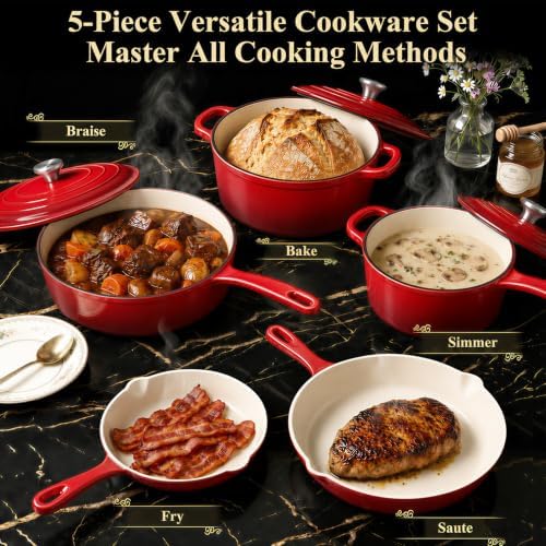 QuliMetal 5-Piece Red Enameled Cast Iron Pots and Pans Set - Image 3