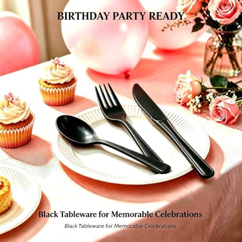 75 Pack Black Heavy Duty Plastic Silverware Set, Disposable Knives, Forks & Spoons, 25 Sets for Birthday, Baby Shower, Camping, Picnic & Party - Image 3