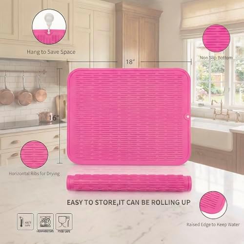 MicoYang Silicone Dish Drying Mat for Multiple Usage,Easy clean,Eco-friendly,Heat-resistant Silicone Mat for Kitchen Counter or Sink,Refrigerator or Drawer Liner Rose XL 18 inches x 16 inches - Image 2
