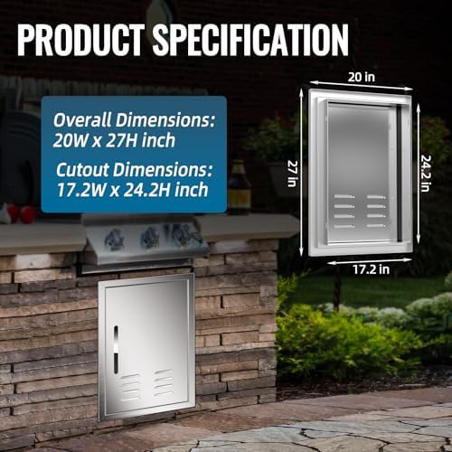 Outdoor Kitchen Doors with Vents - 20W x 27H Inch - 304 Stainless Steel BBQ Single Access Door with Detachable Handles for Outdoor Grill Cabinet,BBQ Island - Image 2
