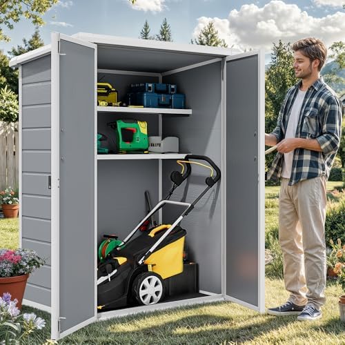 DWVO Outdoor Tall Storage Shed 60 Cuft with 2 Shelves, 5X3FT Vertical Tool Shed with Floor & Lockable Doors, Sturdy Double-Wall Plastic Cabinet for Garbage Cans and Garden Storage - Image 3