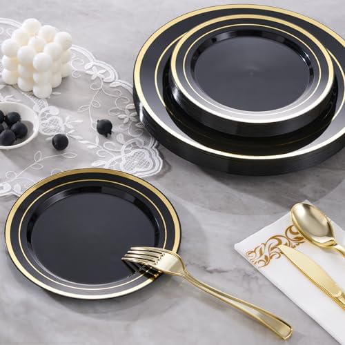Fijinhom 175Pcs Black Gold Disposable Plates, Plastic Plates for 25 Guests - Image 5