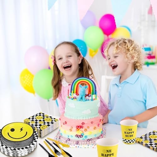 Kochorie 400 Pieces One Happy Dude Disposable Party Tableware Sets Including Plates Cups Napkins Cutlery Serves 50 for Smiley Party 1st Birthday Preppy Party Decorations - Image 6