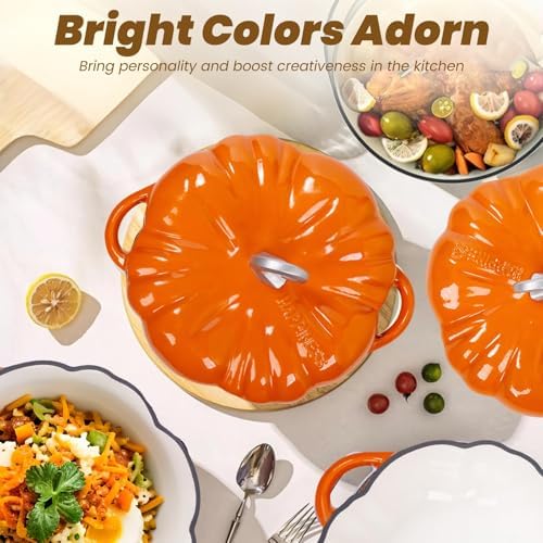 Pumpkin Enamel Cast Iron Dutch Oven 4 QT Cocotte Pot with Lid Dual Handles - Image 5