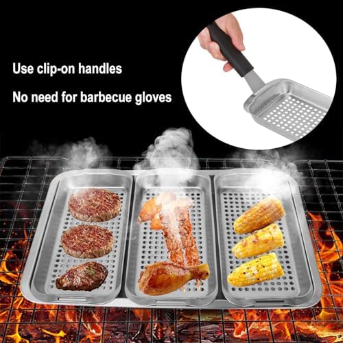 5 Pack Stainless Grill Basket Set, 16.6 x 11.1 Inch Outdoor Grill Basket with Clip-on Handle, Grill Pans for Outdoor Grill, Griddle Accessories for Camping, Picnic,BBQ - Image 5