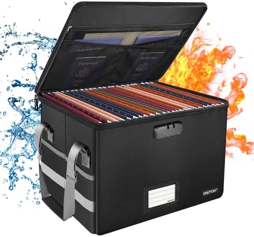 ENGPOW File Box with Lock,Fireproof Document Box with Zipper＆Pockets,Collapsible File Organizer Filing Storage Cabinet with Handle,Portable Home Office Safe for Hanging Letter/Legal Folder,Black by ENGPOW
