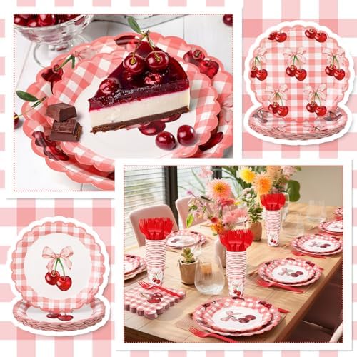 Havawish 120 Pcs Bow Cherry Party Tableware Bow Cherry Plates - Image 3