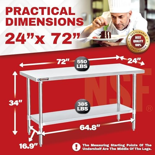 DuraSteel 24x72 Stainless Steel Work Table - NSF Commercial Prep Metal Table w/Adjustable Under Shelf - Kitchen Outdoor Pizza Oven Stand, Garage Workbench, Laundry Utility Worktable - 350 lb Capacity - Image 2