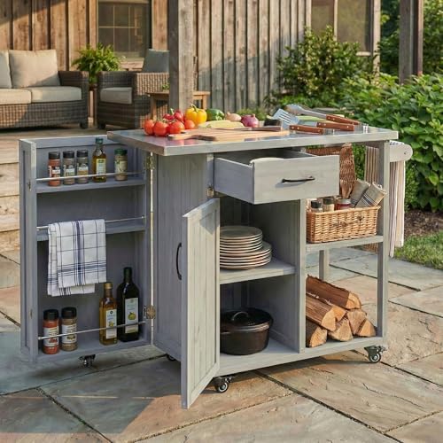 Outdoor Kitchen Island Cart with Stainless Steel Top, Rolling Grill Table with Storage Cabinet Drawer Shelves and Towel Rack, Wooden BBQ Prep Station with Lockable Wheels for Patio Backyard, Grey - Image 3