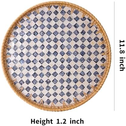 Round Rattan Tray with Mother of Pearl Inlay, Rattan Serving Tray with Wooden Base, Decorative Wicker Basket for Table Decor, Storage and Display of Coffee Bread Food Fruit (Checkerboard 11.8") - Image 7