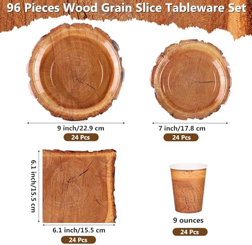 Kochorie 96 Pieces Wood Grain Slice Tableware Sets Rustic Wood Party Supplies Including Paper Plates, Napkins, Cups, Serves 24 for Camping Birthday Hunting Forest Party Decorations - Image 2