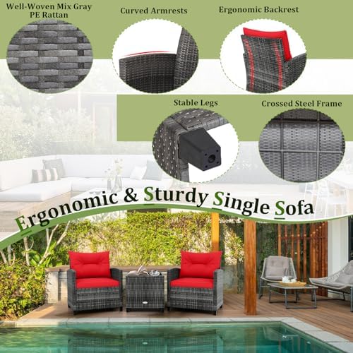 RELAX4LIFE Wicker Patio Furniture Sets - 3 Pieces Rattan Sofa Set, Outdoor Conversation Set with Tempered Glass Tabletop, Heavy-Duty Steel Frame, Wicker Chair Set for Poolside, Backyard (Grey-Red) - Image 4