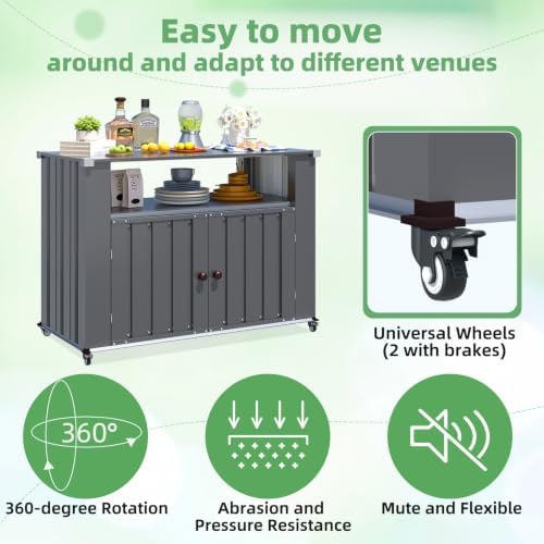 Outdoor Bar Table with Storage Cabinet Weatherproof w/Lockable Wheels - Image 3