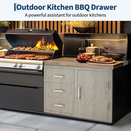 GarveeTech Stainless Steel Outdoor Kitchen Drawer Combo with Access Door, Wood Grain Film, 38.2" W x 20.5" H x 22.6" D, BBQ Island Drawer, Propane Storage, Adjustable Garbage Ring, Flush Mount - Image 5