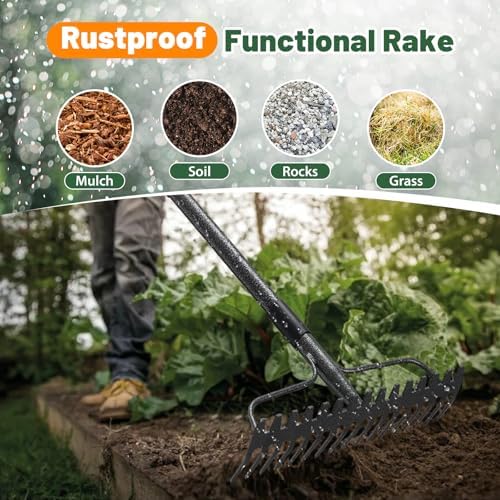 Garden Rake, 63 Inch Long Handle with 17 Tongs, Heavy Duty Metal Bow Rake for Loosening Leveling Soil, Garden Leaf Rake for Raking Leaves Grass , Weeding, Metal Yard Thatch Lawn Care Garden Tool - Image 6