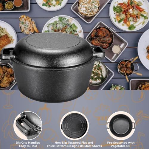 TLGREEN Cast Iron Dutch Oven 5.1QT Pot 1.9QT Skillet Lid Silicone Holders - Image 4